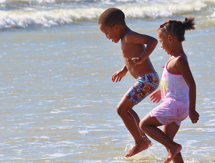 děti, hrát, pláž, voda, Já?, zábava, skok