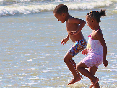 деца, игра, плаж, вода, море, забавно, скок