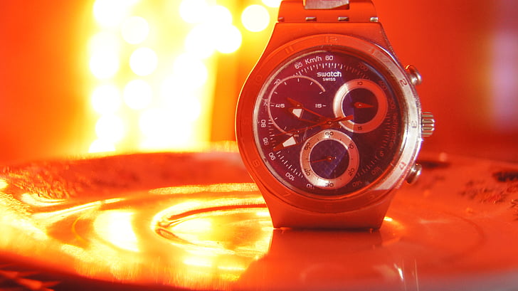 watch, bokeh, red, time, midnight, swatch