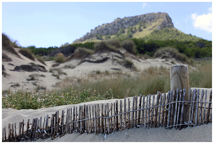 dunes, sand, fence, nature, mallorca, blue, summer