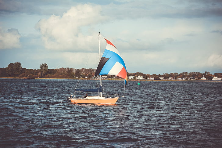 brown, sailing, boat, sea, daytime, ocean, blue