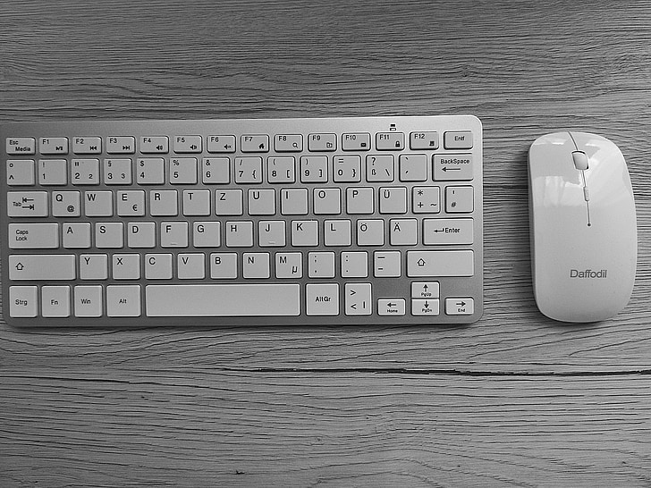 клавиатура, мишка, бюро, работното място, Компютърна клавиатура, Черно и бяло