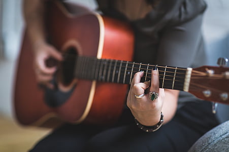 people, woman, hand, ring, manicure, play, guitar