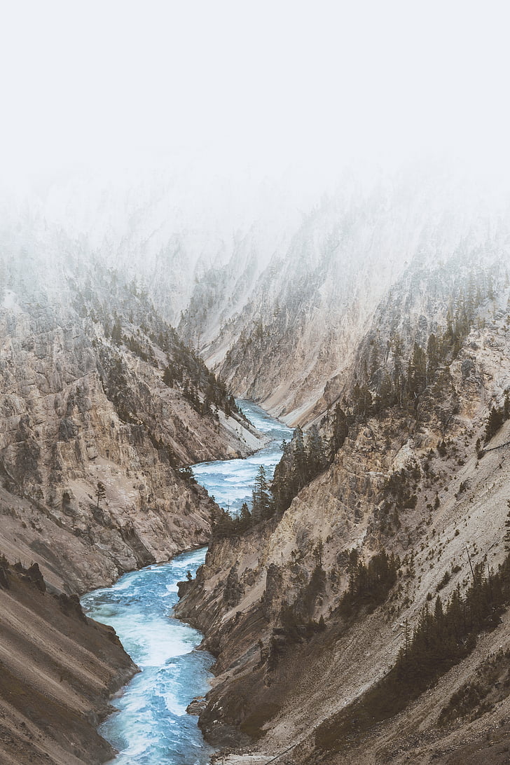 blue, body, water, brown, mountain, paintingt, river