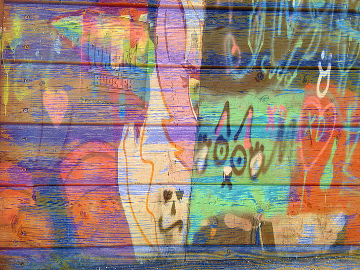 Graffiti, Boards, vegg, fargerike, forvitret