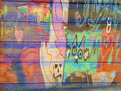 grafiti, panoları, duvar, renkli, yıpranmış