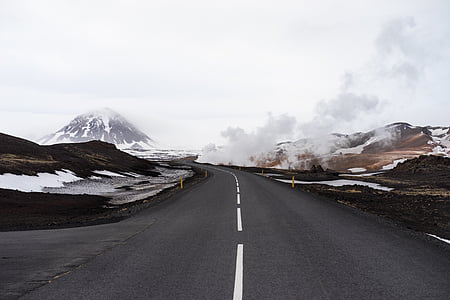 black, asphalt, road, beside, mountains, cloud, clouds