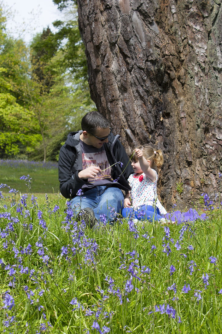 father, daughter, bluebells, flowers, spring, laughter, people