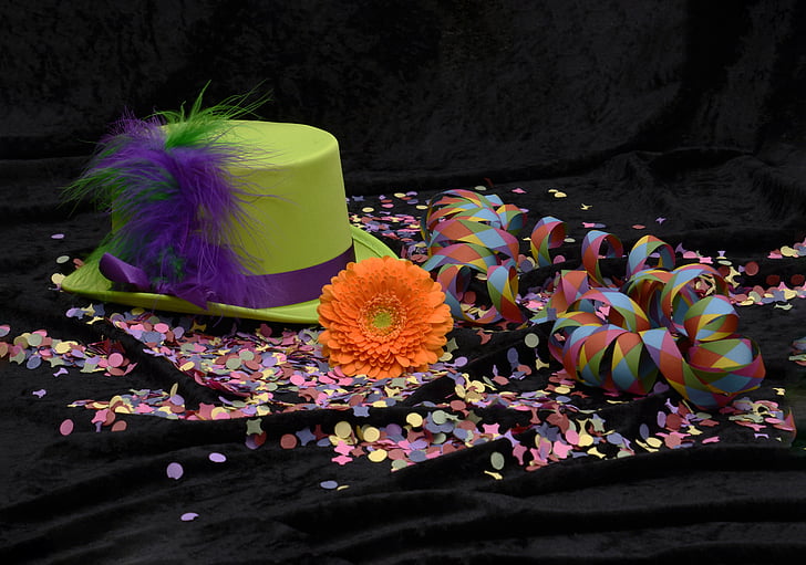 sombrero, pluma, confeti, Streamer, colorido, Gerbera, naranja