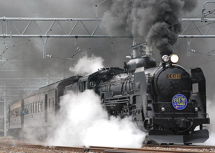 μαύρο, c, τρένο, περιβάλλεται, καπνός, Σταθμός, γκρι