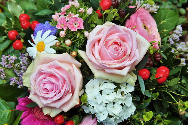 roses, flowers, arrangement, blossom, bloom, pink rose, pink