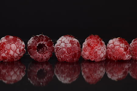 raspberries, frozen, frosted, close, mirroring, red, macro