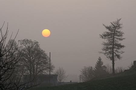 Napkelte, reggeli nap, nap, táj, köd