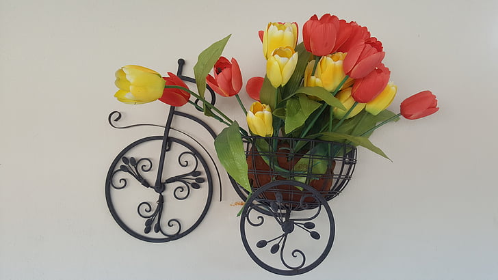 garden, flowers, spring, vase, wall, decoration, bicycle