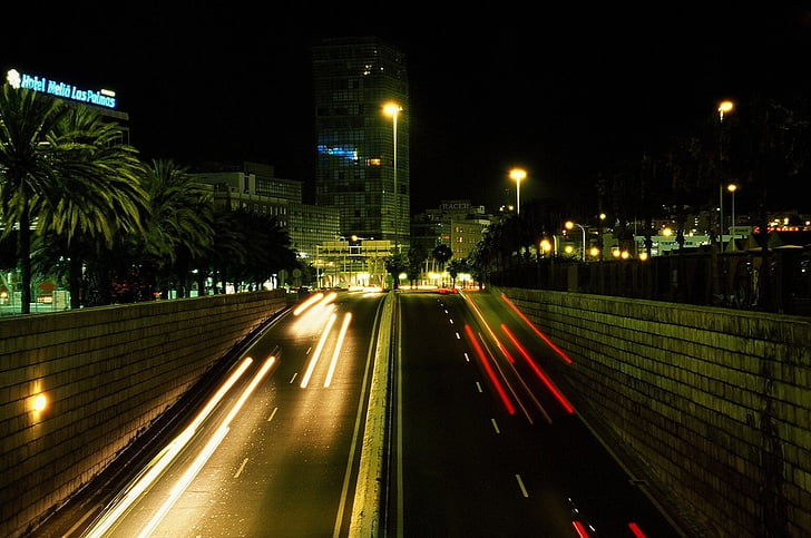 valot, City, yö, animaatio, bussi, Bridge, Gran Canarialla
