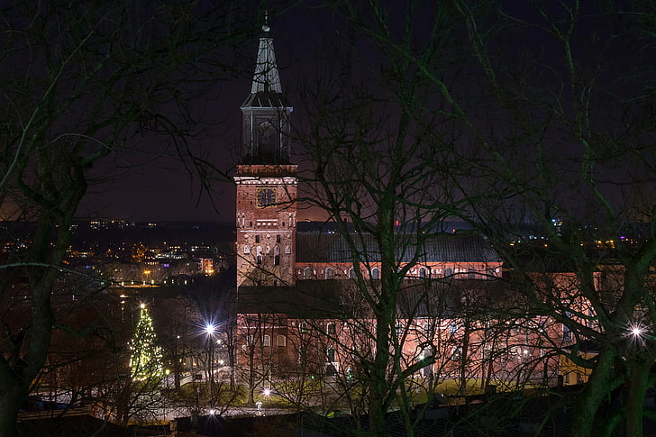templom, éjszaka, hat, fények, székesegyház, Turku, Turku cathedral