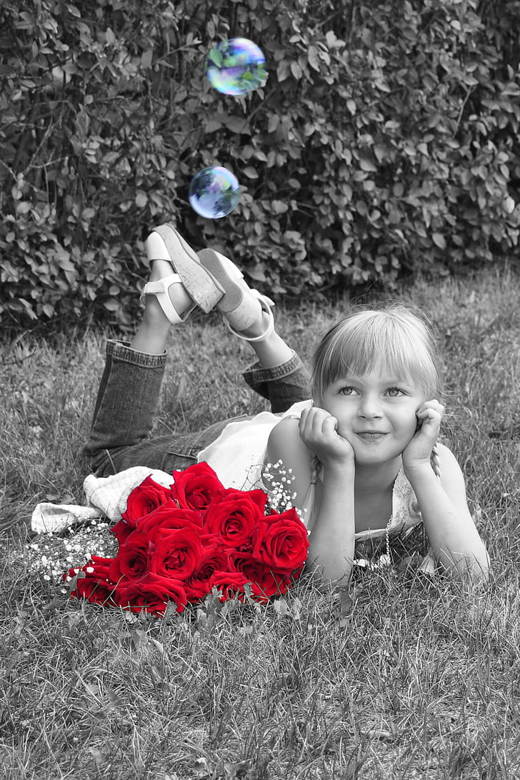 girl, little girl, dreaming, roses, red, black and white, red roses