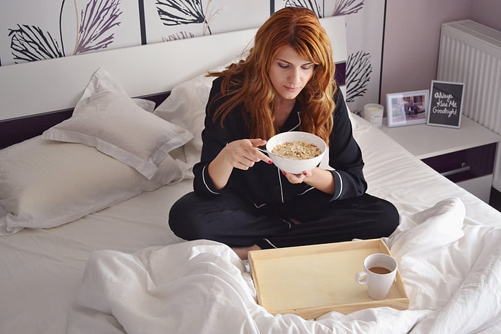 girl in bed, breakfast in bed, girl with cereal bowl, attractive, bed, bedclothes, bedroom
