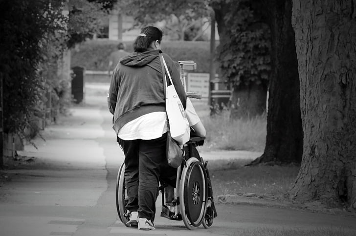 pomoć, invalidska kolica, žene, Stari, ulica, dostupni, viši