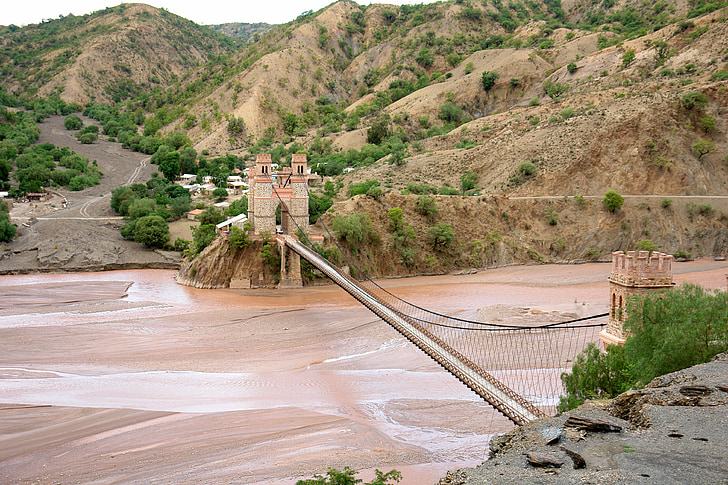 Bridge, jõgi, küla, maamees, vana, maastik, Boliivia