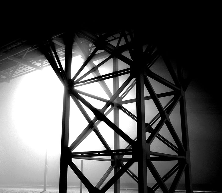 structure, en acier, brouillard, lumière
