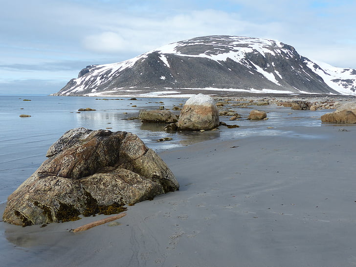 spitsbergen, ice cold, bank, stones, mountains, beach, rock