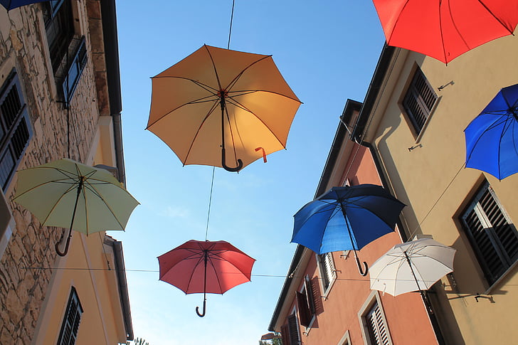 чадъри, цветни, Новиград, Хърватия, цвят, колоритен чадър, изкуство