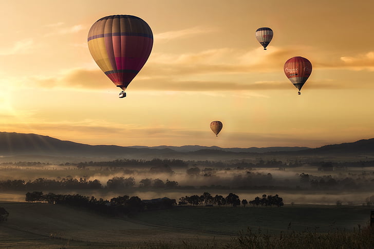 adventure, balloons, dawn, dusk, fields, flight, flying