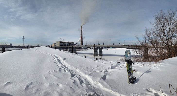 snowboard, město, Zimní, sníh, krajina, obloha, Most
