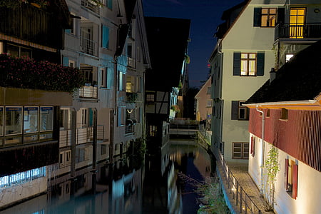 Ulm, Fischerviertel, noche, al aire libre, arquitectura, calle, viajes
