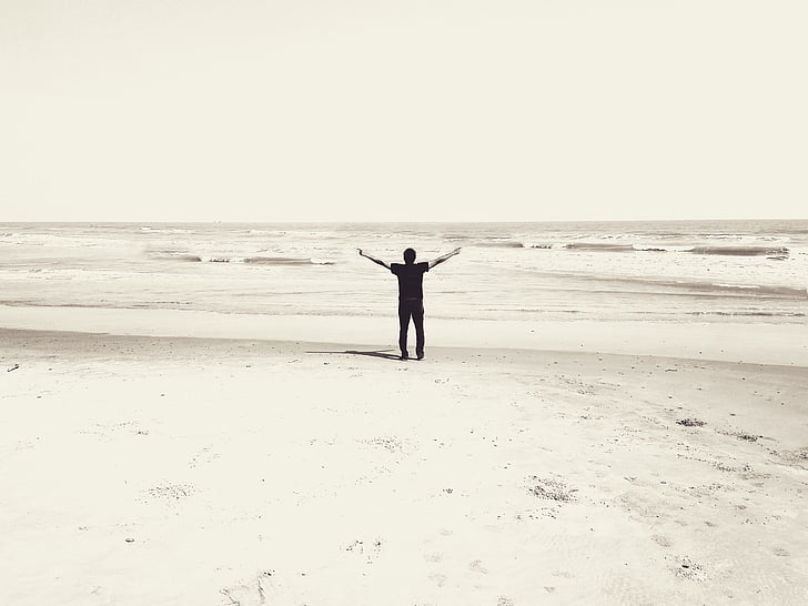 strand, aanbidding, lof, man, silhouet, dag, zwart-wit