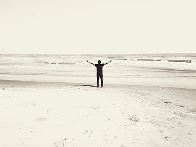 Beach, istentisztelet, dicséret, férfi, sziluettjét, nap, fekete-fehér