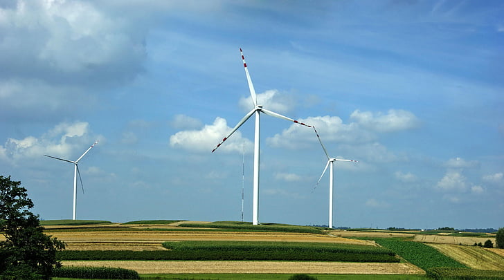 modrá obloha, mraky, větrný mlýn, Windmill farm, generátor, turbína, moc