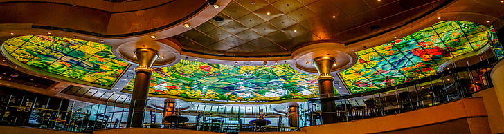 stained glass ceiling, cruise ship, colorful, design, transportation, interior