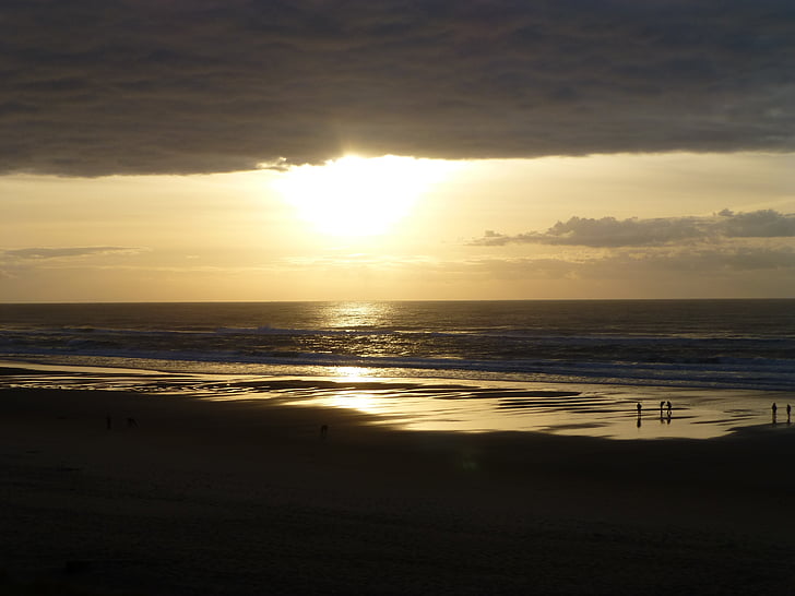 puesta de sol, Playa, mar, personas, Lincoln city oregon, Costa del Pacífico, Océano