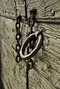 ring, døren, træ, gamle, kæde, metal, stål