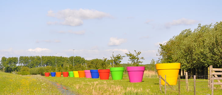 flower pots, along the highway, summer