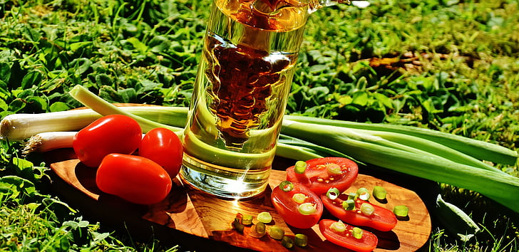 vinagre, aceite, tomates, cebolla, cebollas de primavera, alimentos, botella