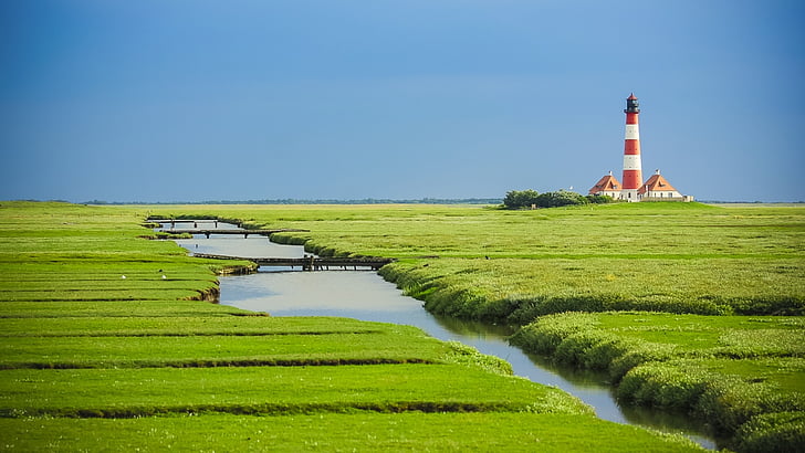 Westerhever lighthouse, Északi-tenger, világítótorony, Nordfriesland, tengerpart, festői, hangulat