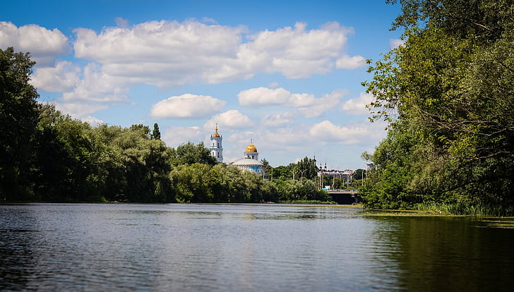 scrip, city, small river, nature, trees, cathedral, river