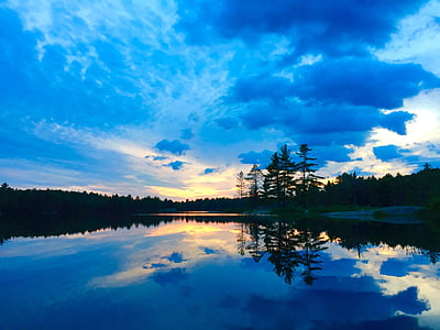 lake, sunset, reflection, glassy, water, trees, sky