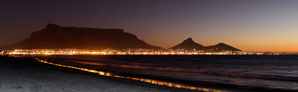 table mountain, cape town, night photograph, night sky, lights, city, mirroring