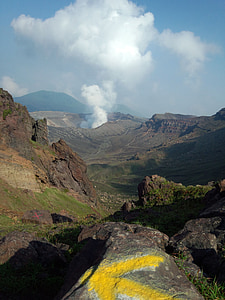 volcano, aso, crater, blue sky, japan, lava, summer