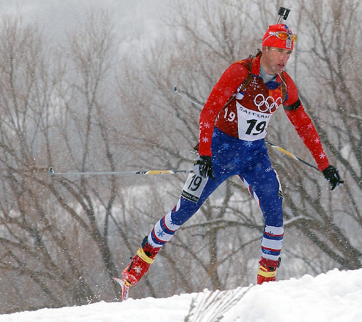 esquiador, país creu, neu, l'hivern, mascle, competència, biathalon