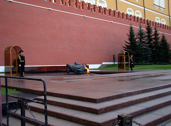 Tomba del milite ignoto, la fiamma eterna, guardia di onore, Aleksandrovskiy garden, parete di Kremlin, Mosca, Russia