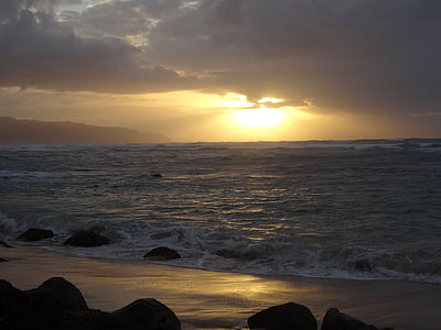 naplemente, romantika, tenger, óceán, hullám, nap, napfény