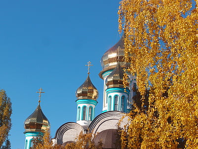 musim gugur, Gereja, Birch, kuning, emas, Candi, arsitektur