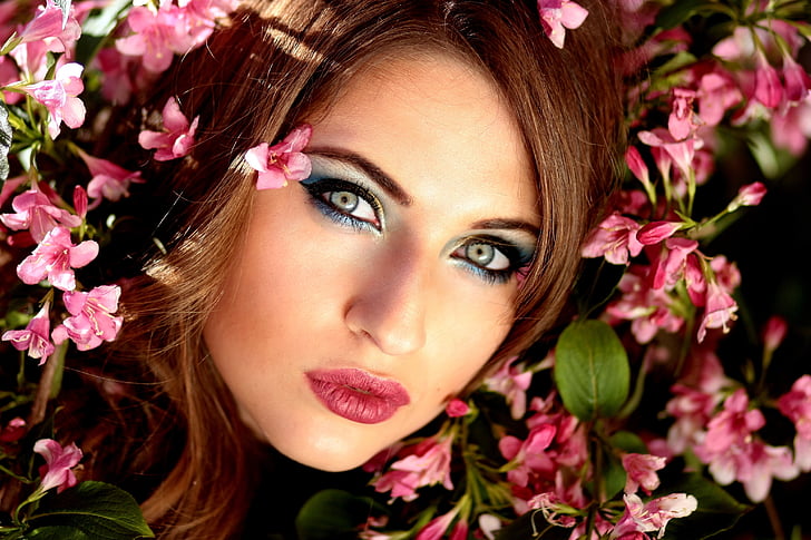girl, flowers, pink, blue eyes, beauty, spring, flower