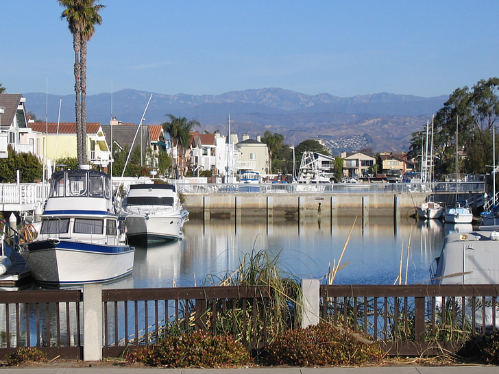 Oxnard, Californien, Marina, bådene, bjerge, afstand, refleksion