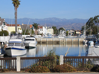 Oxnard, Californie, Marina, bateaux, montagnes, distance, réflexion